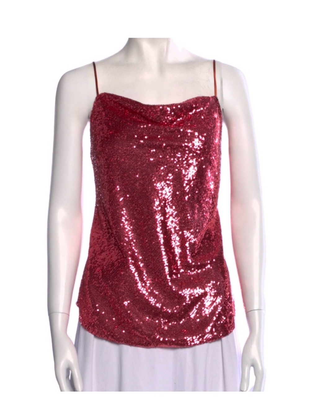 cinq a sept Red Sequin Cowl Neck Spaghetti Strap Tank